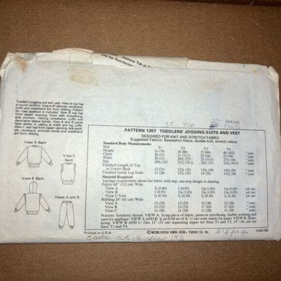 Kwik Sew vintage pattern 1357 Toddler's jogging suits pants and tops size: 11-14 - Picture 2 of 2